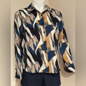No Tag Abstract Patterned Yellow Blue Black White Button-Up Collard Shirt Sz. M.
